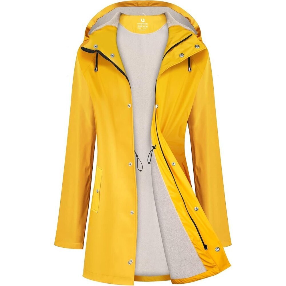 Women Yellow Fleece Long Hooded Waterproof Rain Windbreaker Trench Coat Outdoor
